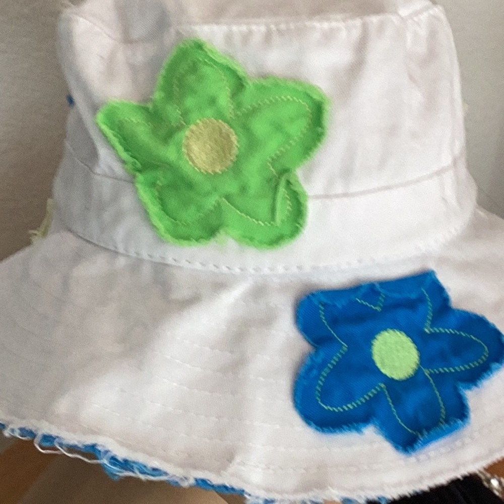 Kids Floral Bucket Hat - White with Green and Blue Accents